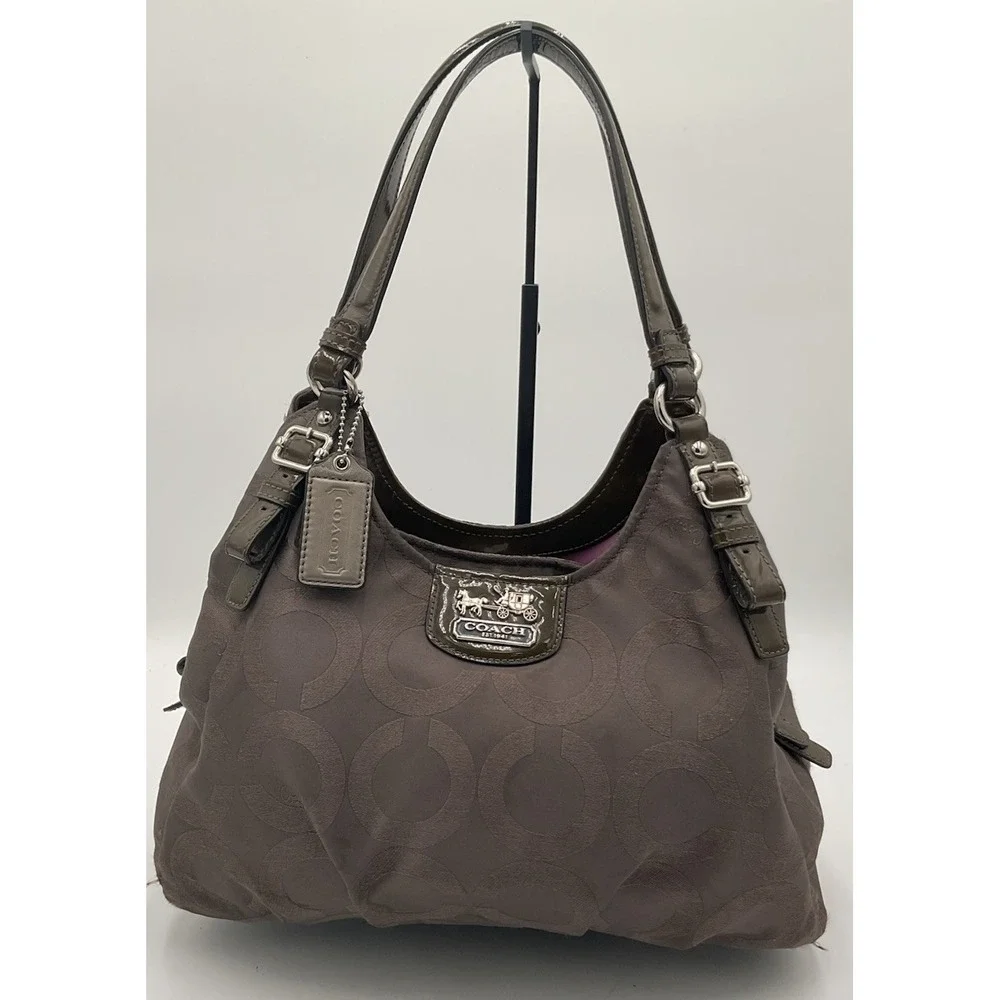 Coach Madison Op Art Gray Nylon Leather Tote Bag Womens Medium